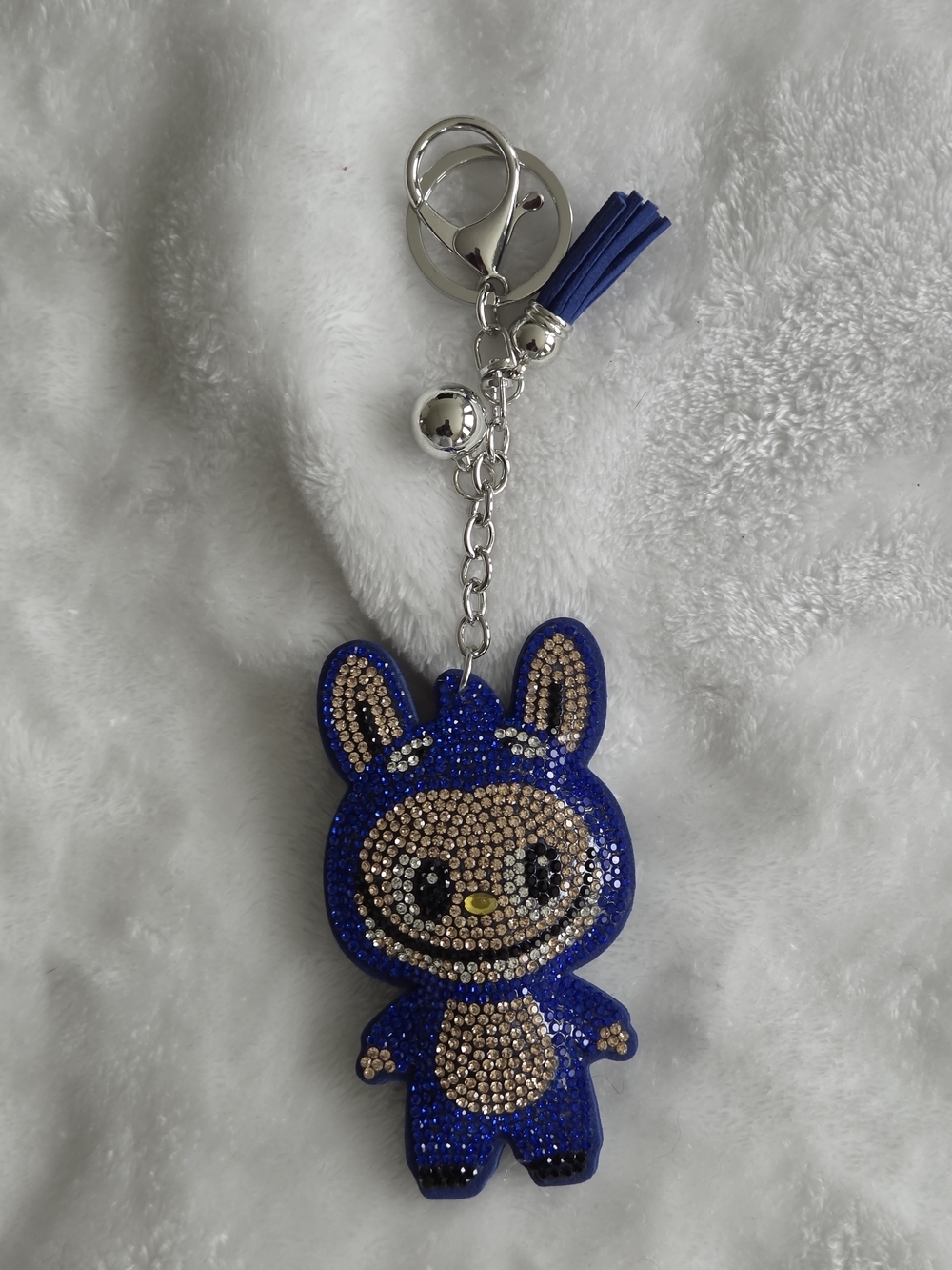 Blue Labubu Rhinestone Bunny Keychain with Gold Accents Bag Charm